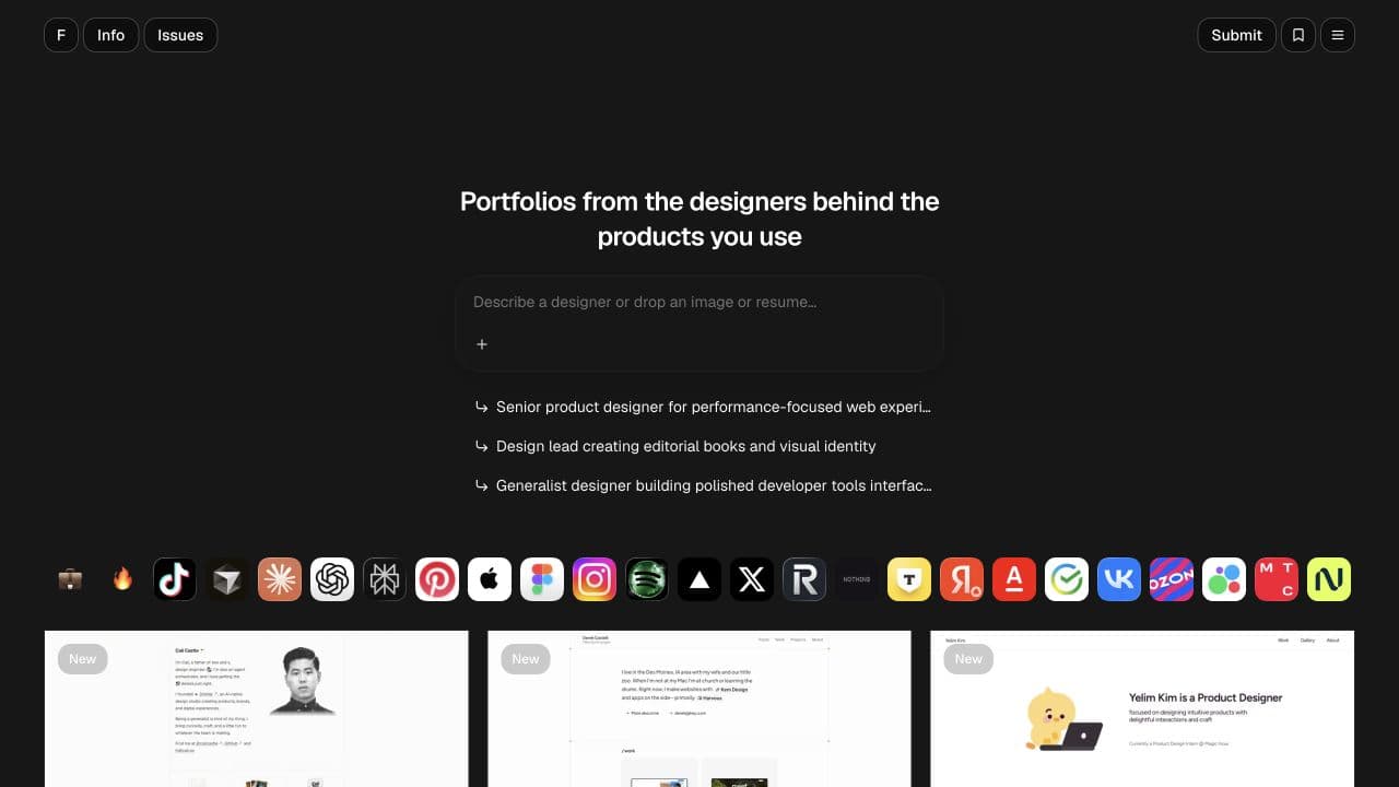 Главная страница Foliobin с галереей дизайнерских портфолио